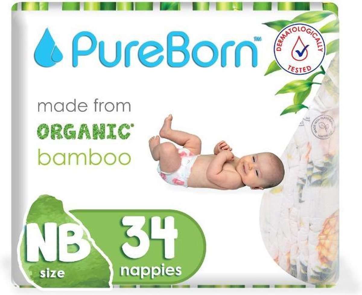 Pureborn NB Organic Bamboo Ekoloģiskās autiņbiksītes NB izmērs 0-4.5 kg, 34 gab.