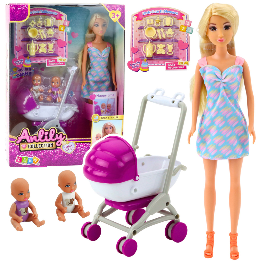 Anlily Mom Doll with Two Children Stroller Baby Accessories