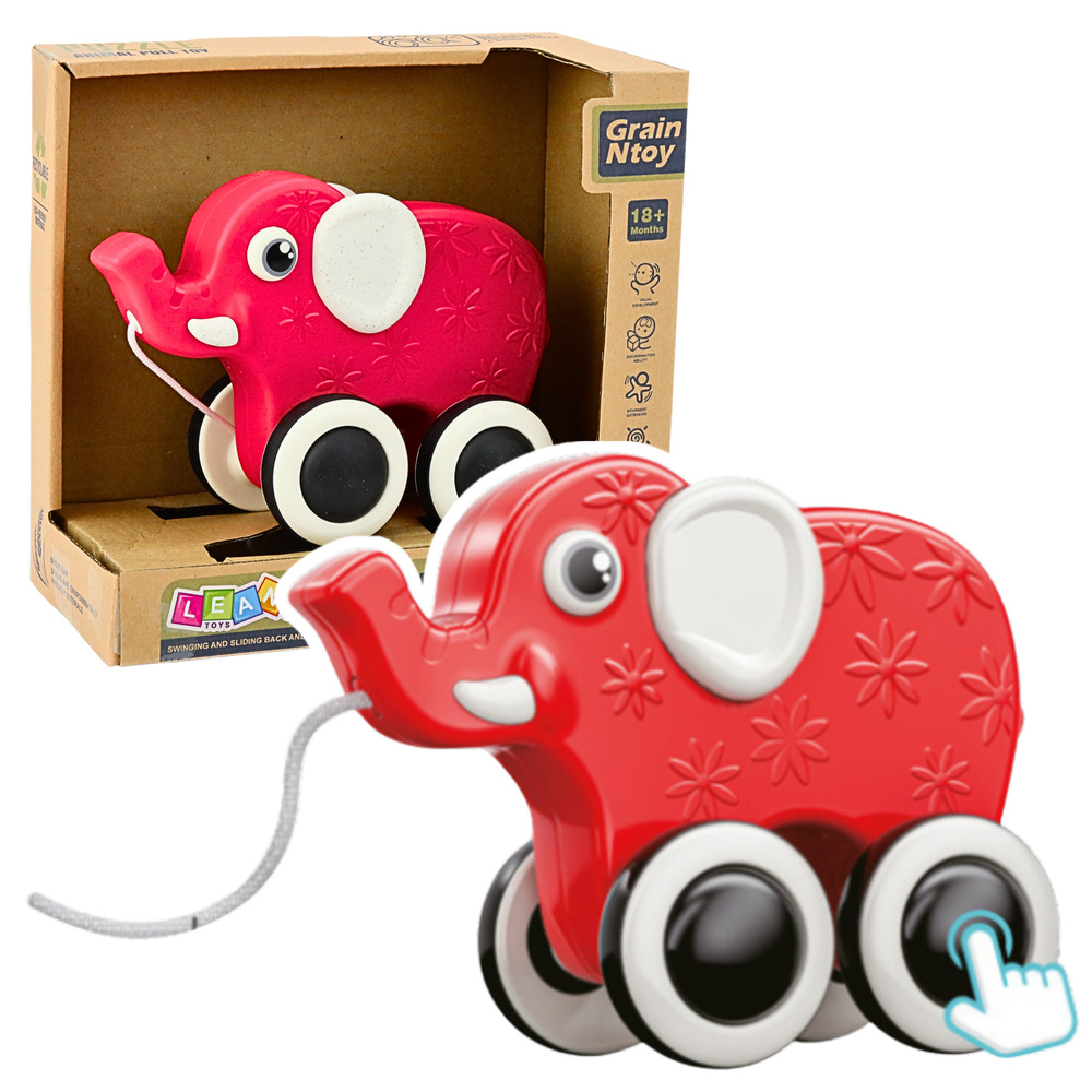 Elephant Pull Toy On A String Squeaker Eco Red
