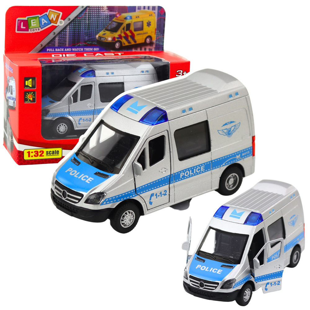 Metal Police Car with Pull Back Motor, Lights and Sounds 1:32