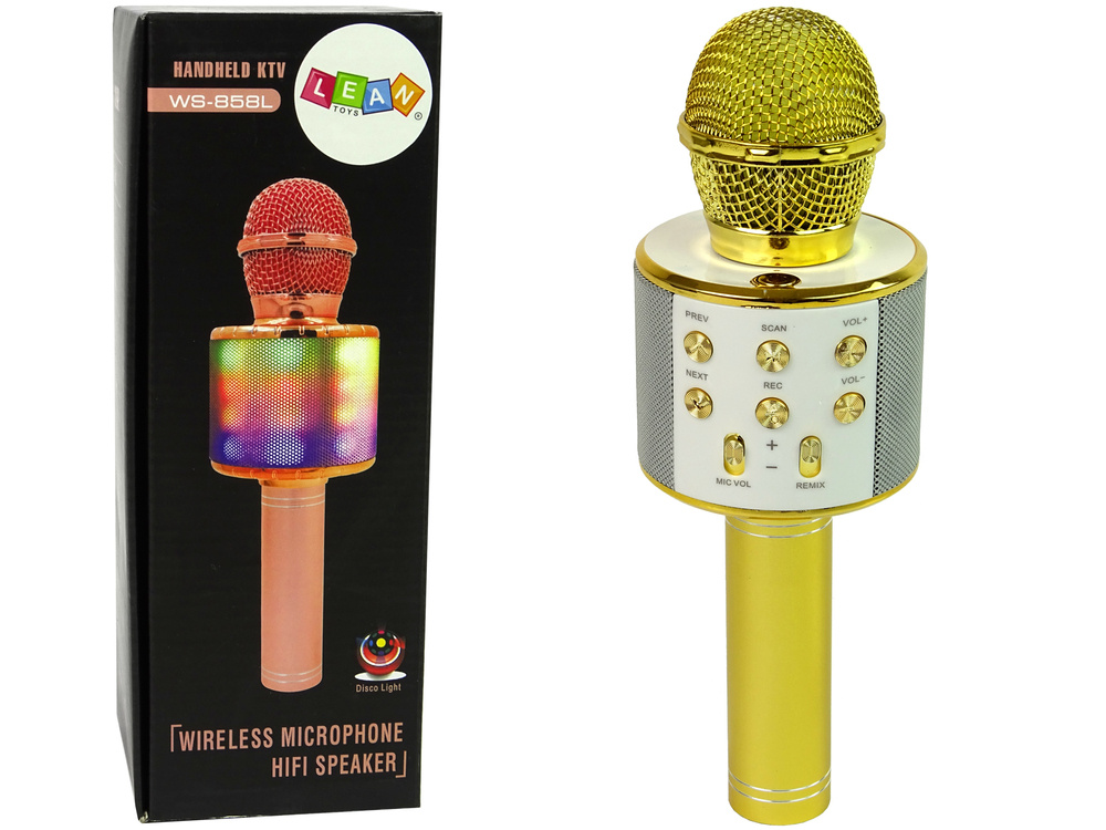 Wireless Microphone USB Speaker Karaoke Recording Model WS-858 Gold