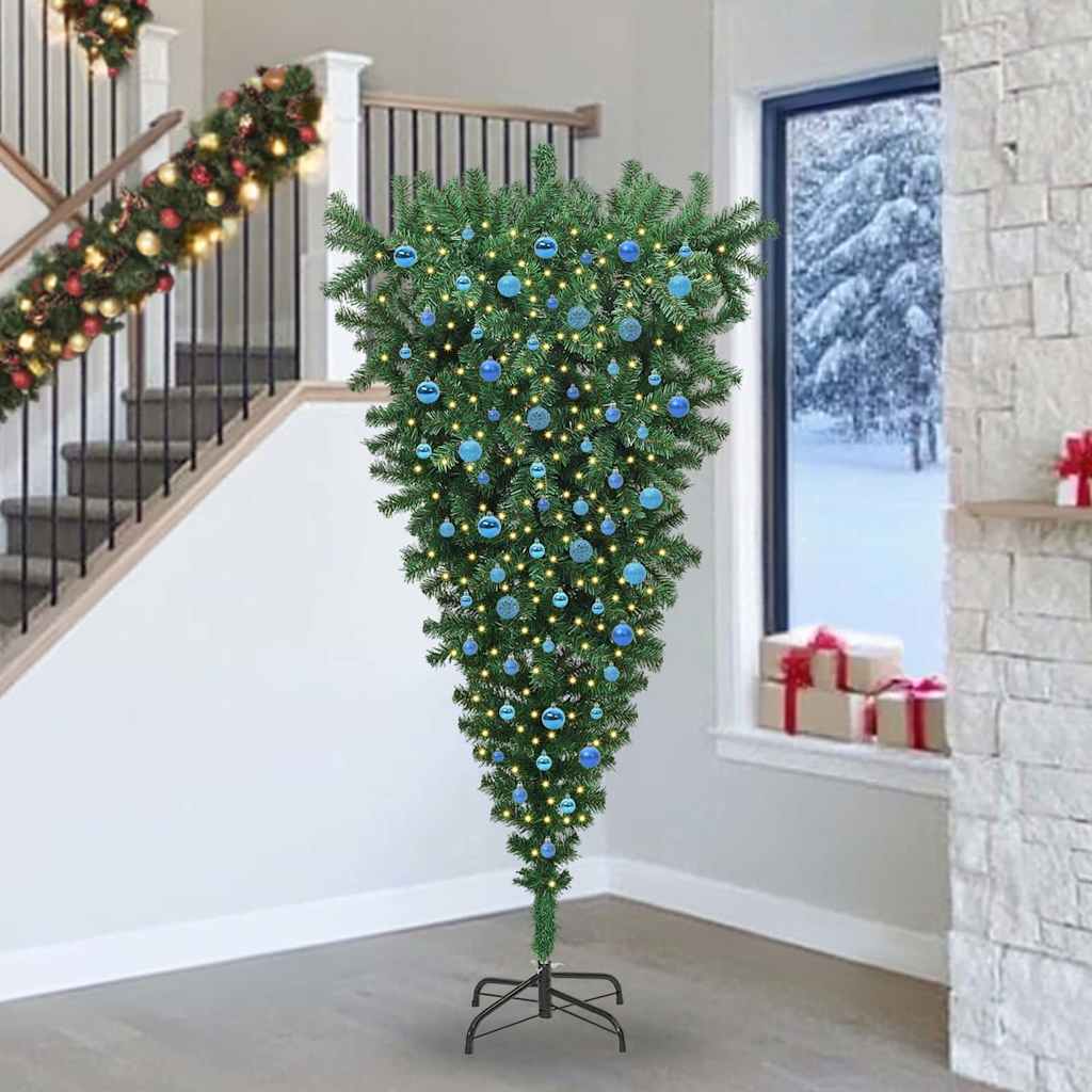 Apgrieztais Mākslīgais Iepriekš Apgaismotais Ziemassvētku Koks Ar Bumbiņu Komplektu Vidaxl