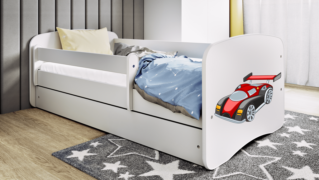 Bērnu gulta balta Racing Car ar atvilktni un lateksa matraci 160x80