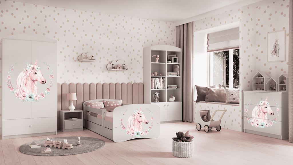 Łóżko babydreams białe konik z szufladą materac 140/70