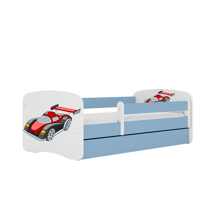 Bērnu gulta zila Racing Car bez atvilktnes un lateksa matraci 160x80