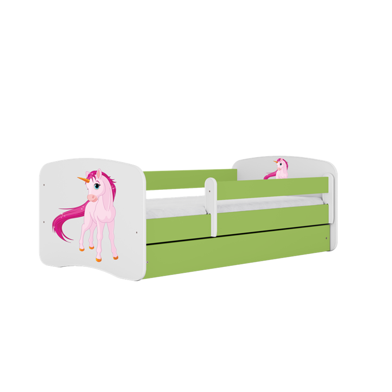Łóżko babydreams zielone jednorożec z szufladą materac 160/80
