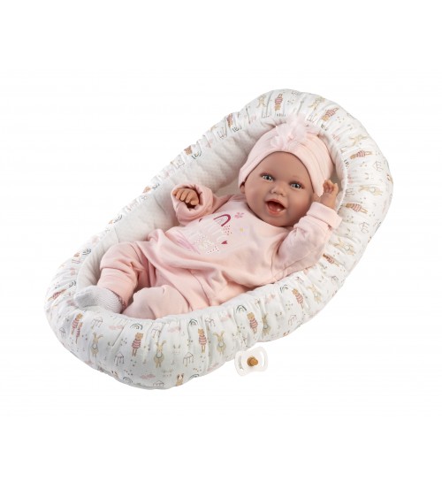 Lelle zīdainis Mimi 42 cm (spilvens, smejas, runā, ar mānekli, mīkstais ķermenis) Spānija LL74122