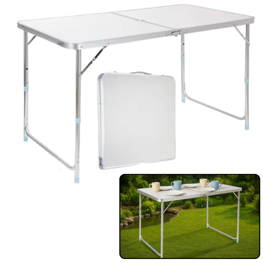 Folding Camping Table Adjustable Aluminum White 120x60cm