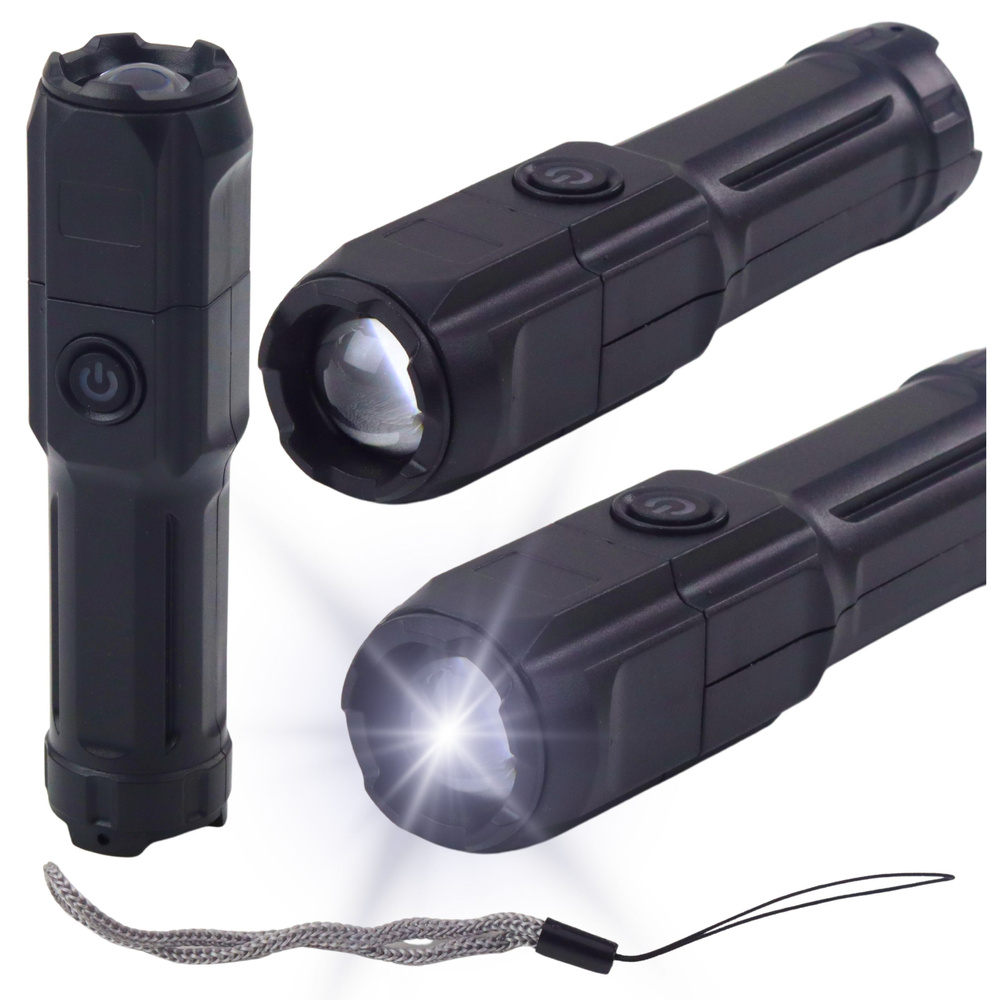 LED Flashlight Adjustable Zoom 3 Lighting Modes USB Charging Black