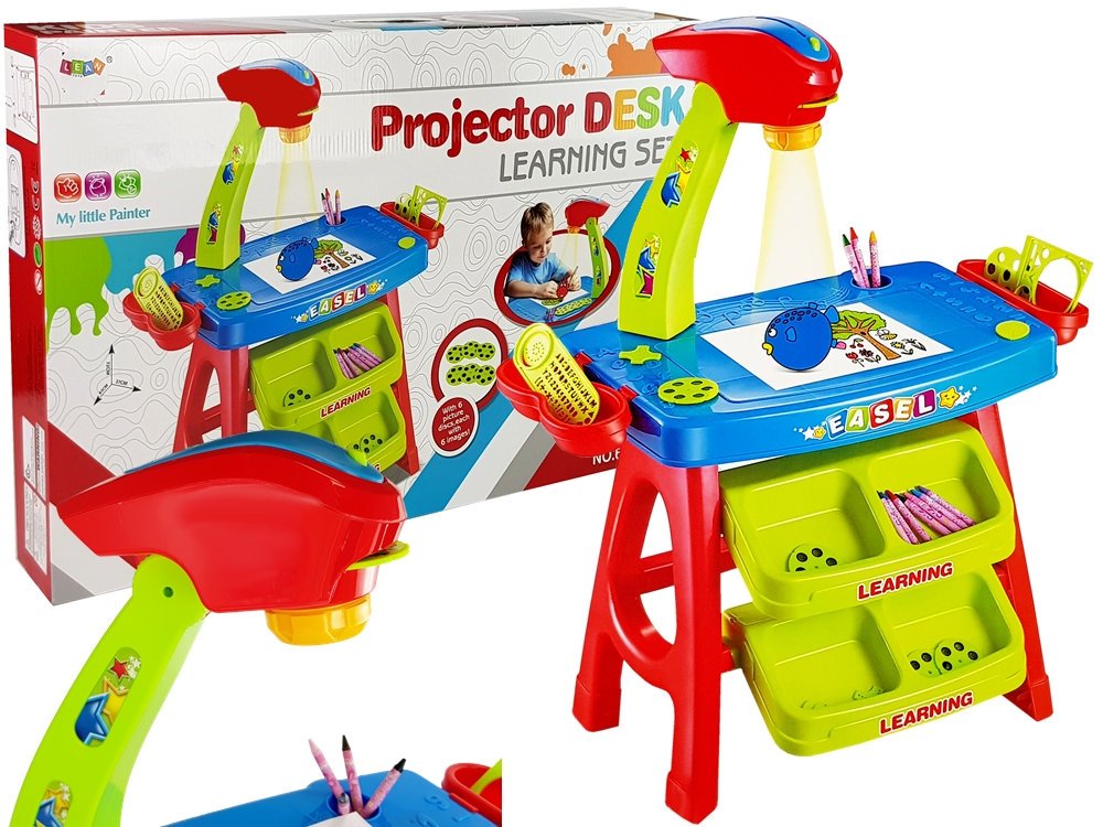 Educational Drawer Table with Projector 36 Pictures Crayons Templates Blue and Red