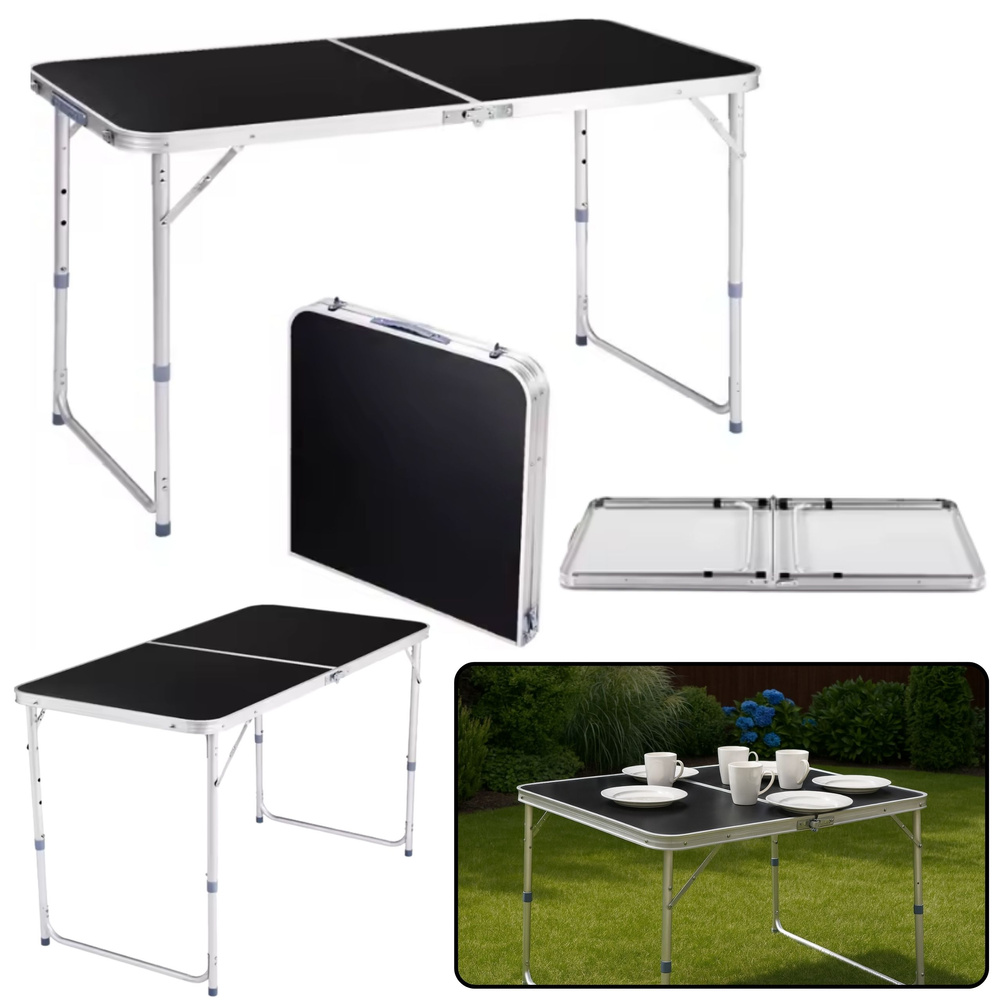 Folding Camping Table Adjustable Aluminum Black 120x60cm