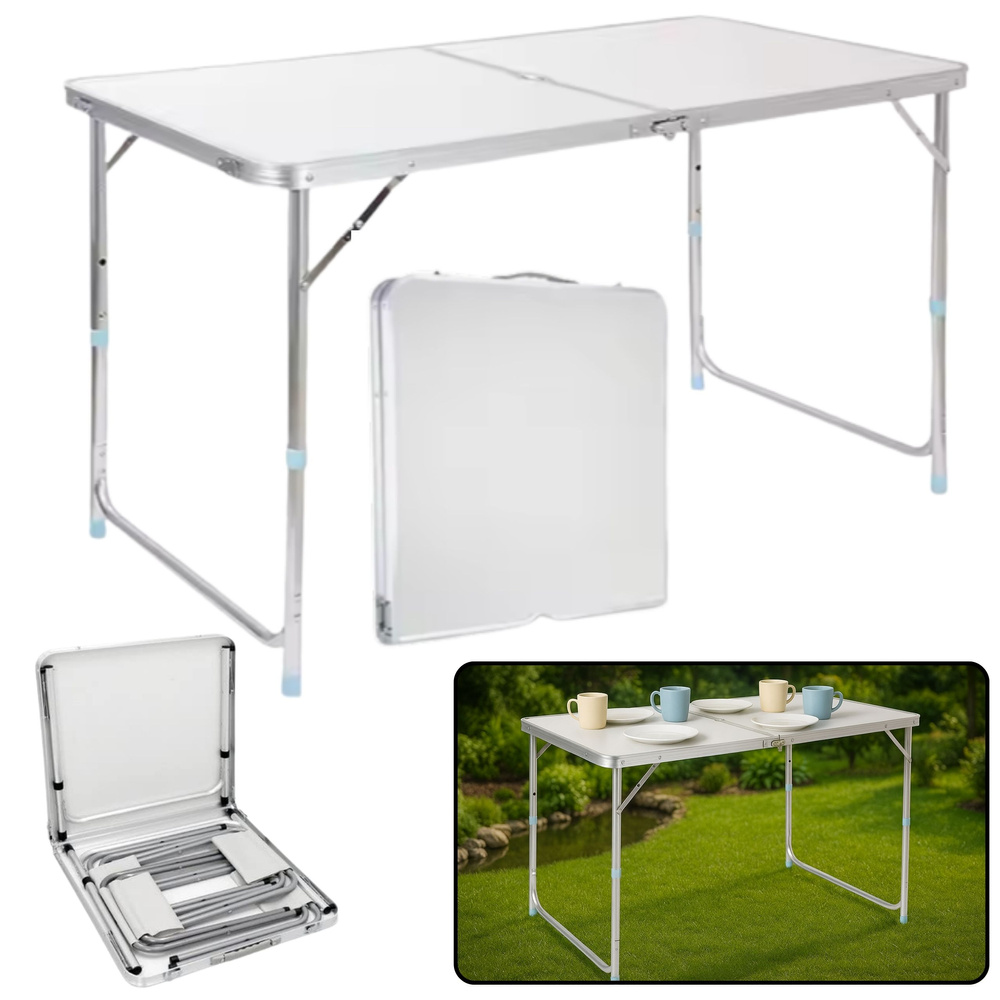 Folding Camping Table Adjustable Aluminum White 120x60cm