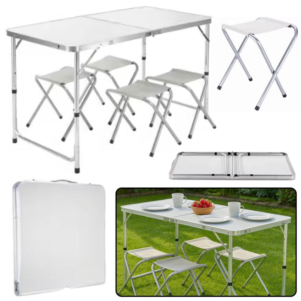 Folding Camping Table Set 4 Chairs Gray