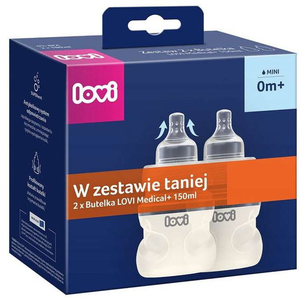 Lovi Zestaw 2 Butelek Medical+ 2x 150ml 0m+ Smoczek Supervent