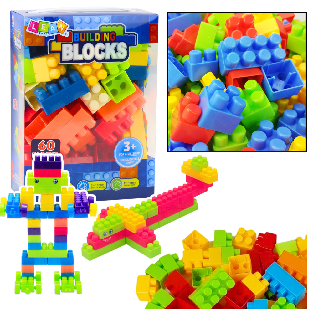 BUILDING BLOCKS IN EDUCATIONAL BOX 60 ELEMENTS.