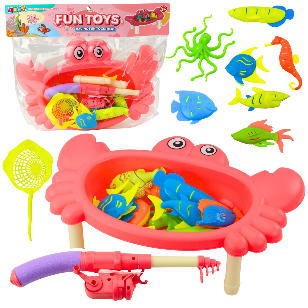 Fishing Set: Crab Table, 10 Fish, Fishing Rod, Strainer, Pink