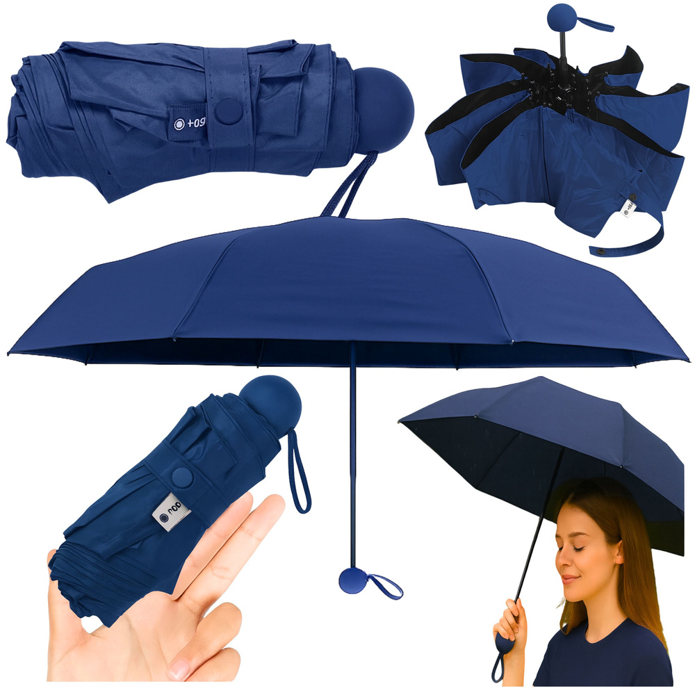 Folding Pocket Umbrella with UV Protection UPF 50+, Case, Navy Blue, 90 cm