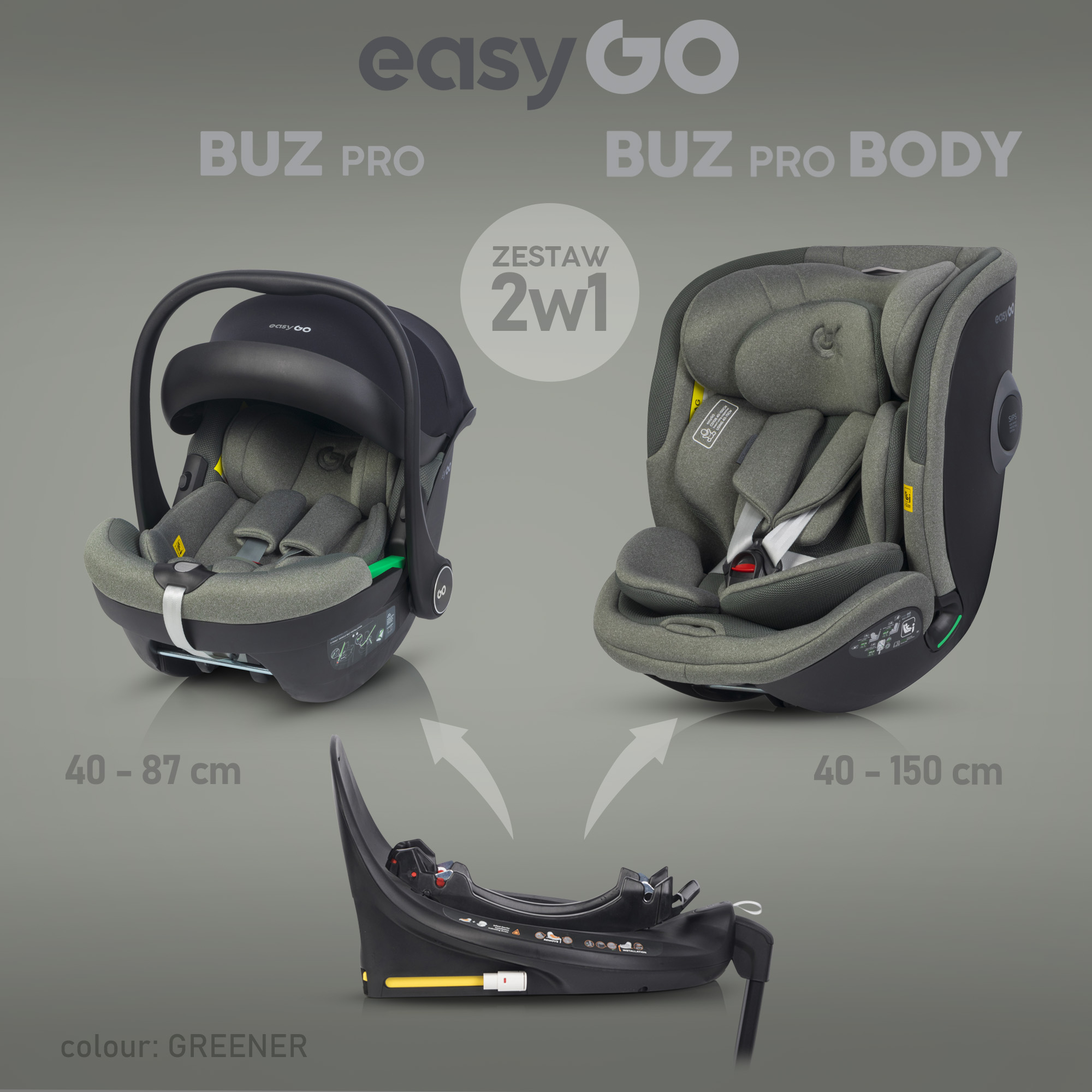 EasyGo Buz Pro 0-13 кг и EasyGo Buz Pro Body 0-36 кг Greener Детское автокресло 2в1